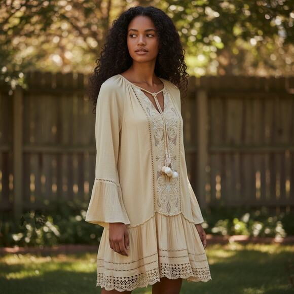 Lily Pulitzer Yellow Baby doll Dress Sz XS Keyhole front Bell Sleeve Embroidered - Picture 2 of 10